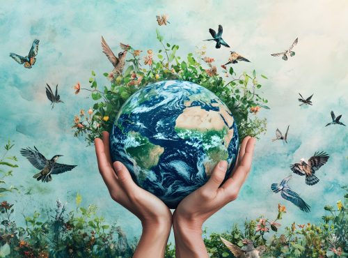 Hands holding Earth surrounded by nature, birds, and greenery, symbolizing conservation, environment, sustainability, and harmony, perfect for themes of Earth care and global unity