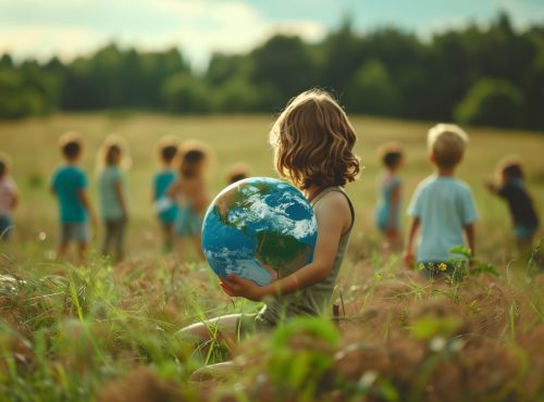 A child holds a globe made of moss and grass. Concept of environmental awareness and the importance of taking care of our planet