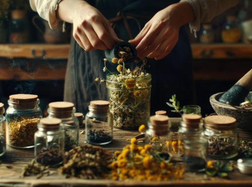 Person Preparing Herbal Remedies in a Rustic Kitchen Setting