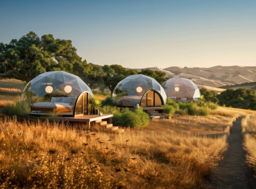 rolling golden grass hills of sonoma county, california with smoothly triangulated geodomes